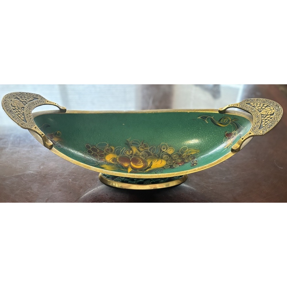 Gorgeous Vintage Made In Israel Brass Green Enamel Judaica Bowl RARE